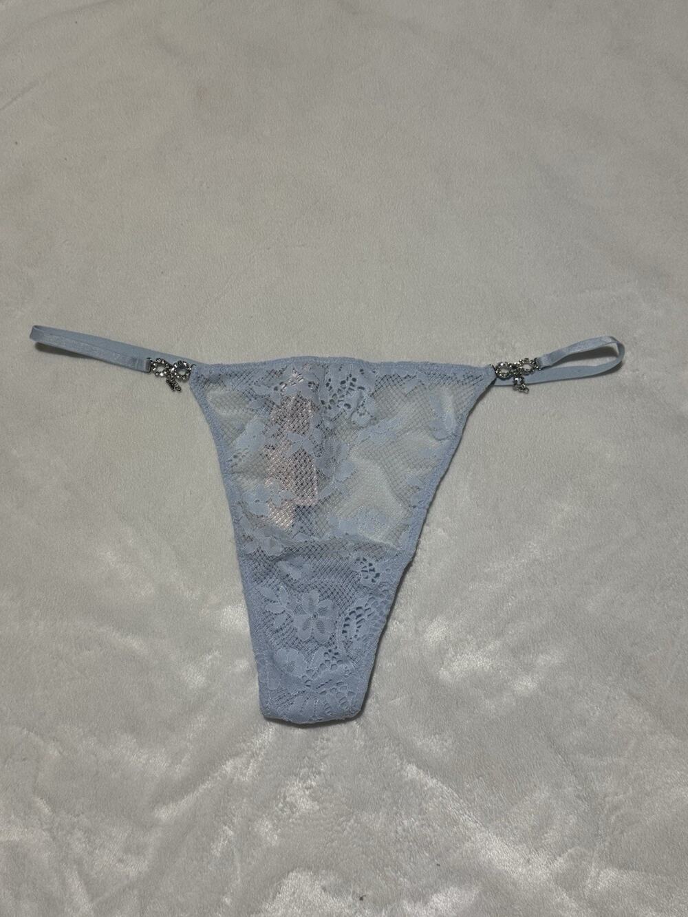 Victoria's Secret Blue Floral Lace V-String Thong Panty Rhinestone Bow Hardware